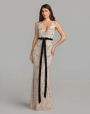 Champagne Mesh with Sequins and Pearls Sheath Column V-Neck Floor-Length Dress Front View - Aabei Dress