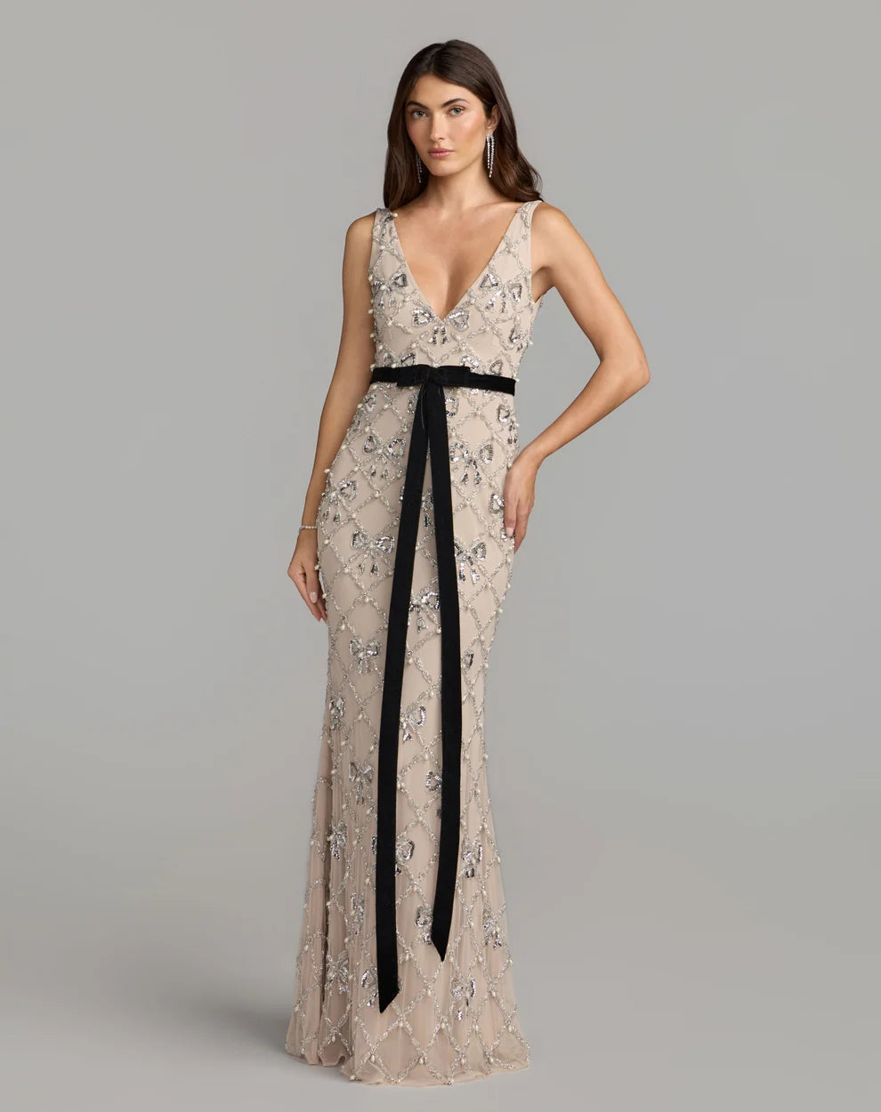 Champagne Mesh with Sequins and Pearls Sheath Column V-Neck Floor-Length Dress Front View - Aabei Dress