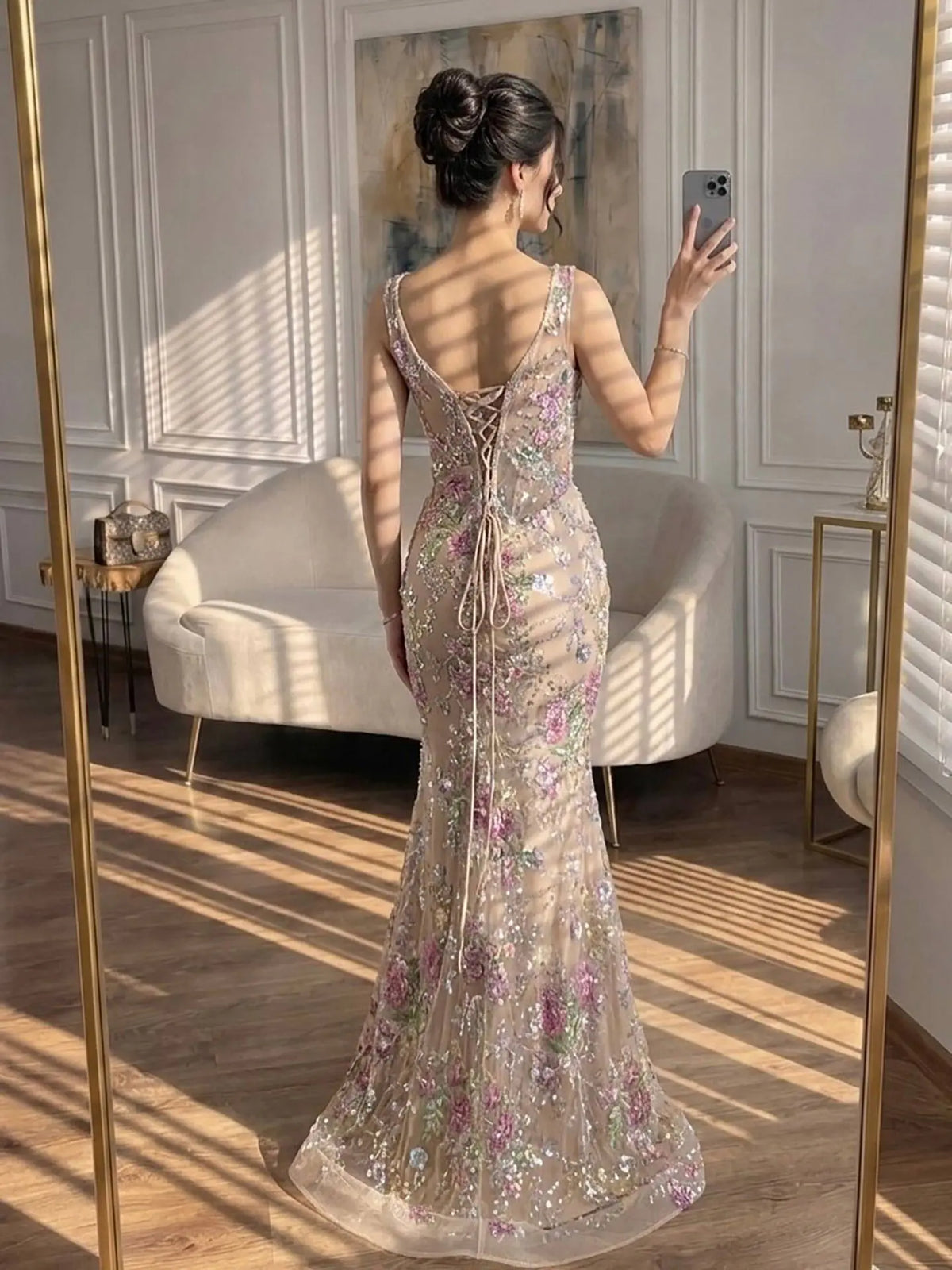 Champagne Pink Floral Sequin Mesh Mermaid Scoop Neck Floor-Length Dress Back View - Aabei Dress
