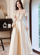 Champagne Satin A-Line Off-the-Shoulder Zipper Back Floor-Length Dress Front View - Aabei Dress