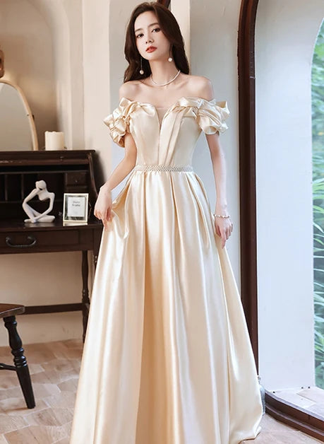 Champagne Satin A-Line Off-the-Shoulder Zipper Back Floor-Length Dress Front View - Aabei Dress