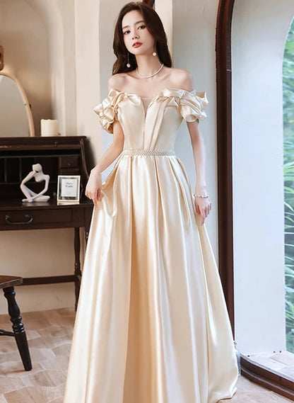 Champagne Satin A-Line Off-the-Shoulder Zipper Back Floor-Length Dress Front View - Aabei Dress