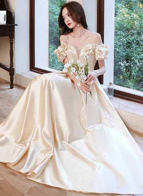 Champagne Satin A-Line Off-the-Shoulder Zipper Back Floor-Length Dress - Aabei Dress