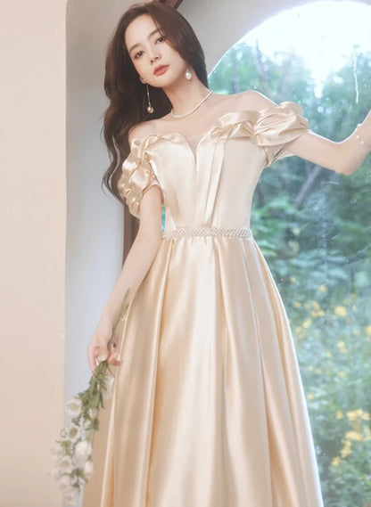 Champagne Satin A-Line Off-the-Shoulder Zipper Back Floor-Length Dress - Aabei Dress