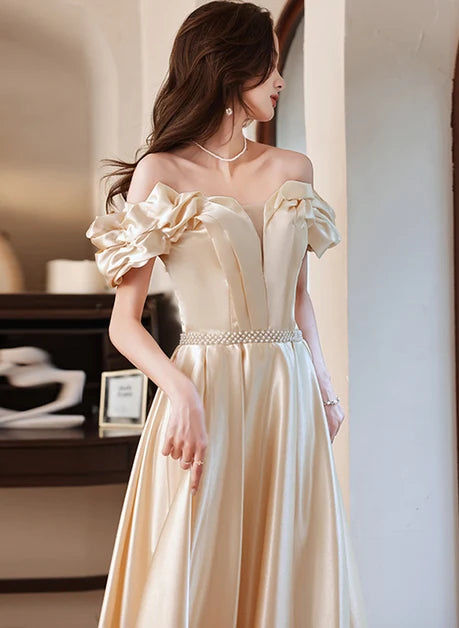 Champagne Satin A-Line Off-the-Shoulder Zipper Back Floor-Length Dress - Aabei Dress