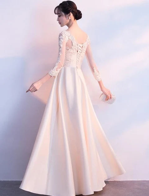 Champagne Satin and Lace a-line illusion-neck lace-up-back floor-length Dress Back View - Aabei Dress