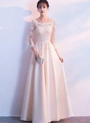 Champagne Satin and Lace a-line illusion-neck lace-up-back floor-length Dress Front View - Aabei Dress