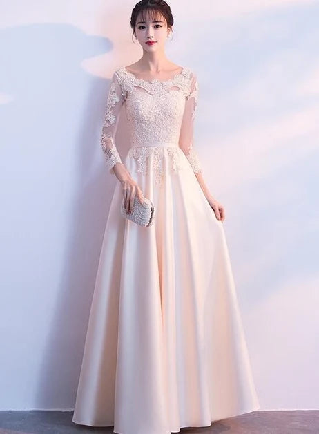 Champagne Satin and Lace a-line illusion-neck lace-up-back floor-length Dress Front View - Aabei Dress