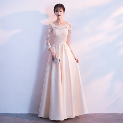 Champagne Satin and Lace a-line illusion-neck lace-up-back floor-length Dress - Aabei Dress