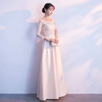 Champagne Satin and Lace a-line illusion-neck lace-up-back floor-length Dress - Aabei Dress