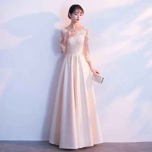 Champagne Satin and Lace a-line illusion-neck lace-up-back floor-length Dress - Aabei Dress