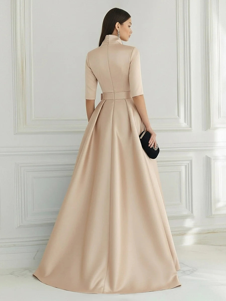 Champagne Satin and Lace A-Line V-Neck Floor-Length Dress Back View - Aabei Dress