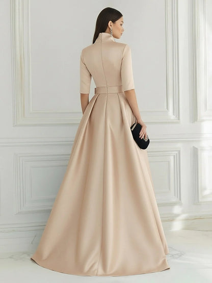Champagne Satin and Lace A-Line V-Neck Floor-Length Dress Back View - Aabei Dress
