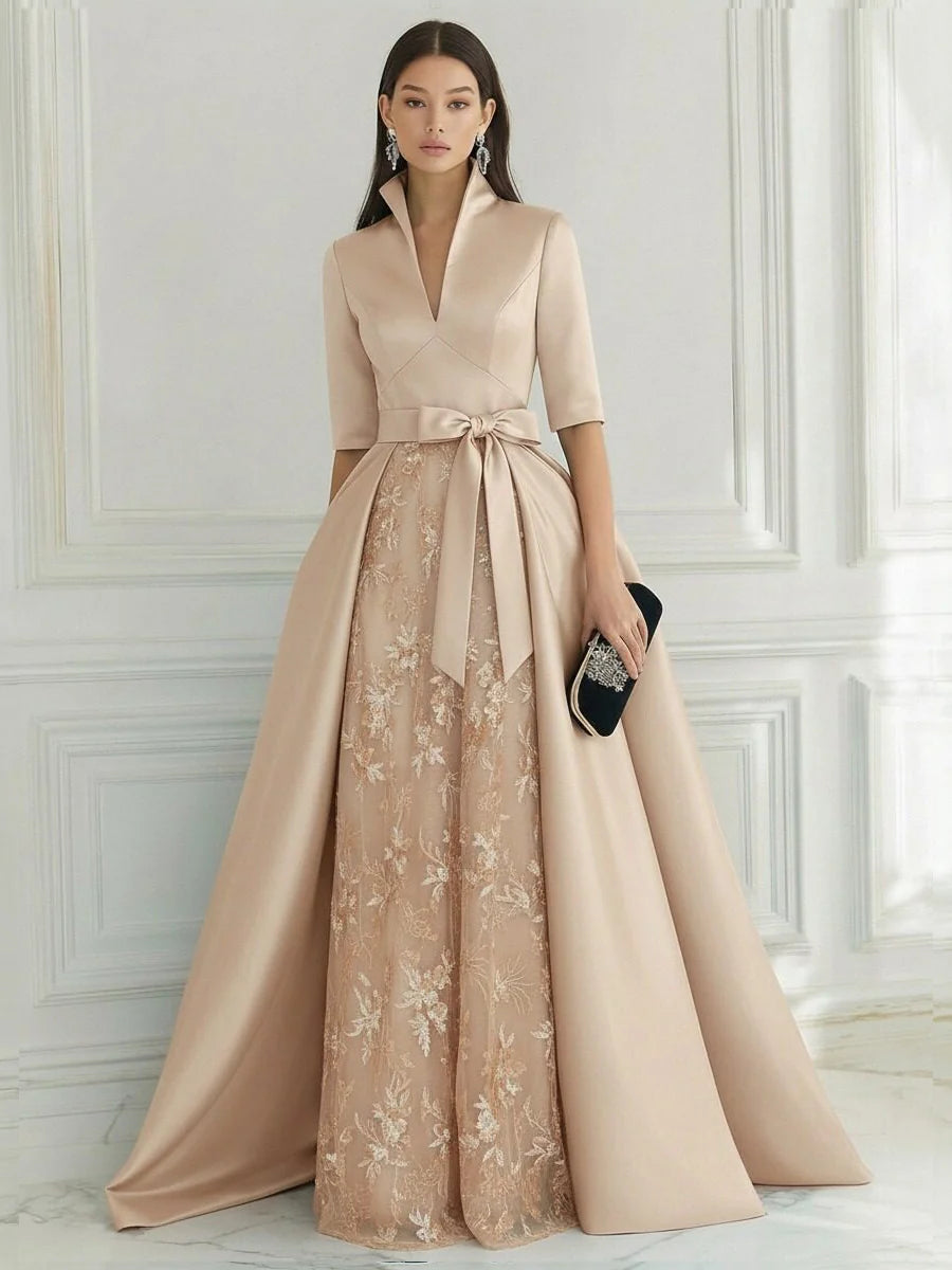 Champagne Satin and Lace A-Line V-Neck Floor-Length Dress Front View - Aabei Dress