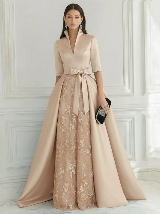 Champagne Satin and Lace A-Line V-Neck Floor-Length Dress Front View - Aabei Dress