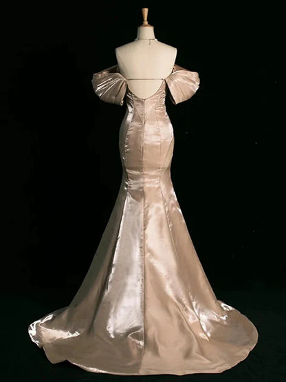 Champagne Satin Mermaid Sweetheart Low Back Floor-Length Dress Back View - Aabei Dress