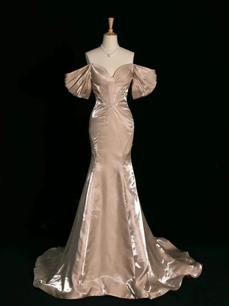 Champagne Satin Mermaid Sweetheart Low Back Floor-Length Dress Front View - Aabei Dress