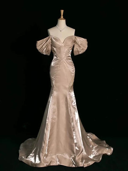Champagne Satin Mermaid Sweetheart Low Back Floor-Length Dress Front View - Aabei Dress