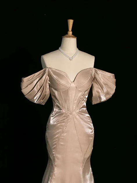 Champagne Satin Mermaid Sweetheart Low Back Floor-Length Dress - Aabei Dress