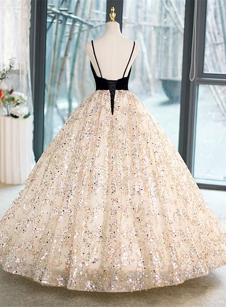 Champagne Sequin ball-gown v-neck lace-up-back floor-length Dress Back View - Aabei Dress