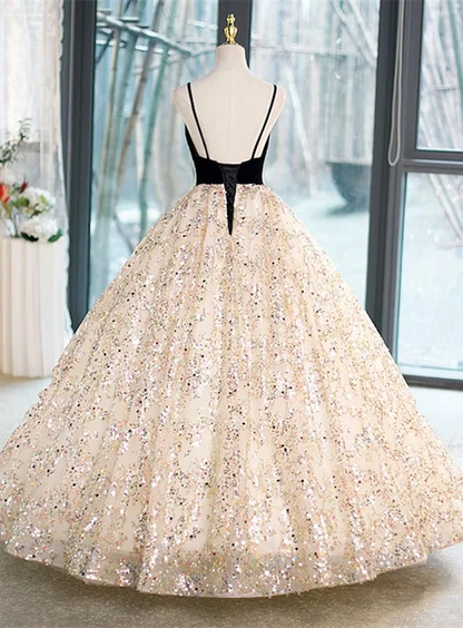 Champagne Sequin ball-gown v-neck lace-up-back floor-length Dress Back View - Aabei Dress