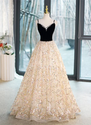 Champagne Sequin ball-gown v-neck lace-up-back floor-length Dress Front View - Aabei Dress