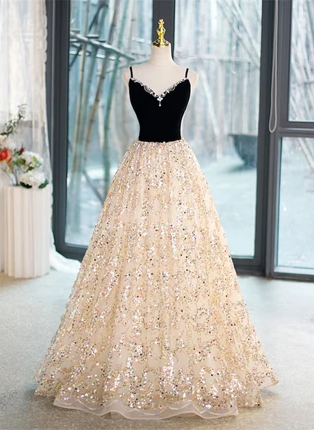 Champagne Sequin ball-gown v-neck lace-up-back floor-length Dress Front View - Aabei Dress