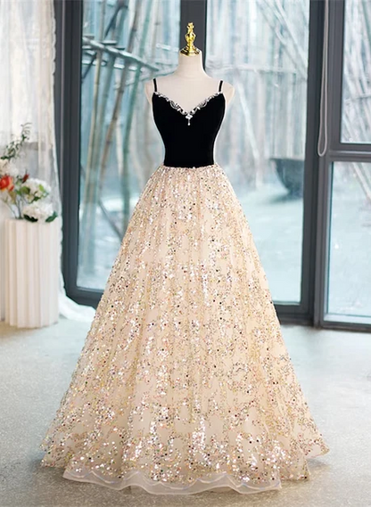 Champagne Sequin ball-gown v-neck lace-up-back floor-length Dress Front View - Aabei Dress