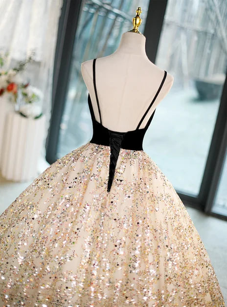 Champagne Sequin ball-gown v-neck lace-up-back floor-length Dress - Aabei Dress