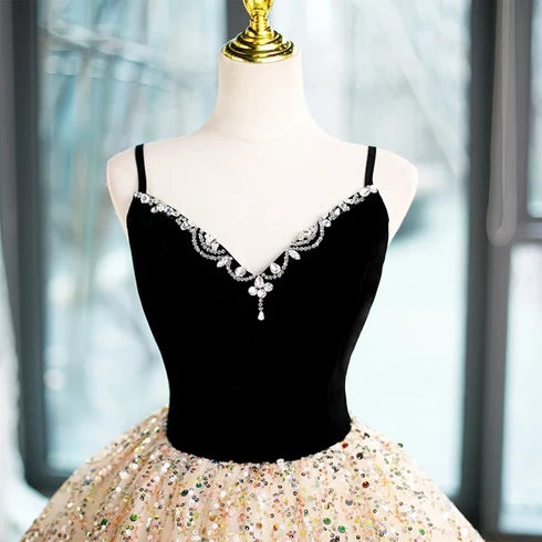 Champagne Sequin ball-gown v-neck lace-up-back floor-length Dress - Aabei Dress