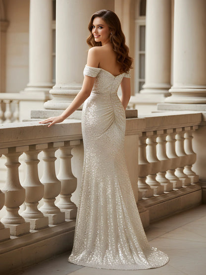 Champagne Sequin Sheath-Column Off-the-Shoulder V-Back Floor-Length Dress Back View - Aabei Dress