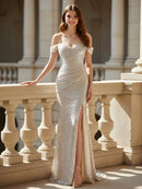 Champagne Sequin Sheath-Column Off-the-Shoulder V-Back Floor-Length Dress Front View - Aabei Dress