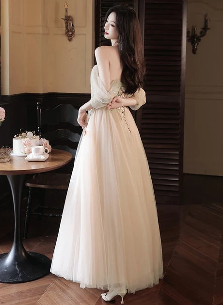 Champagne Tulle A-Line Off-the-Shoulder Lace-up Floor-Length Dress Back View - Aabei Dress