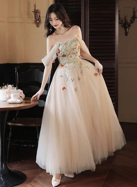Champagne Tulle A-Line Off-the-Shoulder Lace-up Floor-Length Dress Front View - Aabei Dress