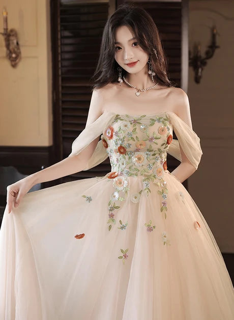 Champagne Tulle A-Line Off-the-Shoulder Lace-up Floor-Length Dress - Aabei Dress