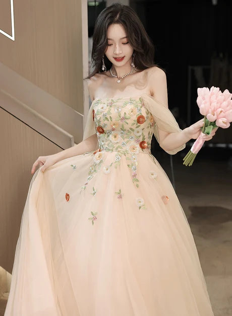 Champagne Tulle A-Line Off-the-Shoulder Lace-up Floor-Length Dress - Aabei Dress