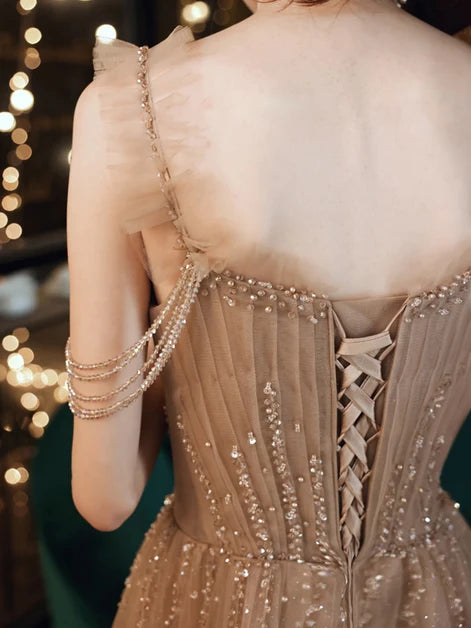 Champagne Tulle A-Line Sweetheart Lace-Up Back Floor-Length Dress Back View - Aabei Dress