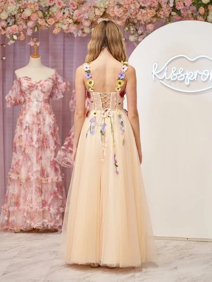 Champagne Tulle A-Line Sweetheart Lace-Up-Back Floor-Length Dress Back View - Aabei Dress