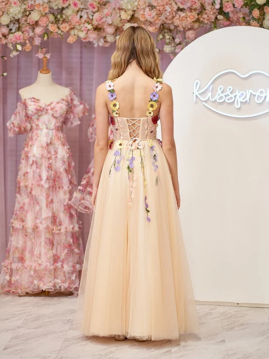 Champagne Tulle A-Line Sweetheart Lace-Up-Back Floor-Length Dress Back View - Aabei Dress