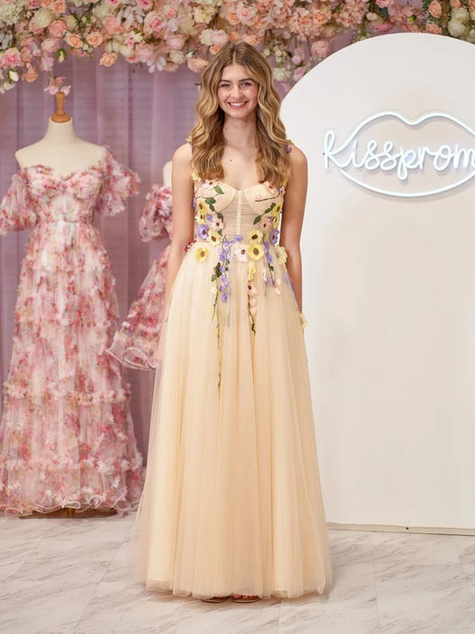 Champagne Tulle A-Line Sweetheart Lace-Up-Back Floor-Length Dress Front View - Aabei Dress