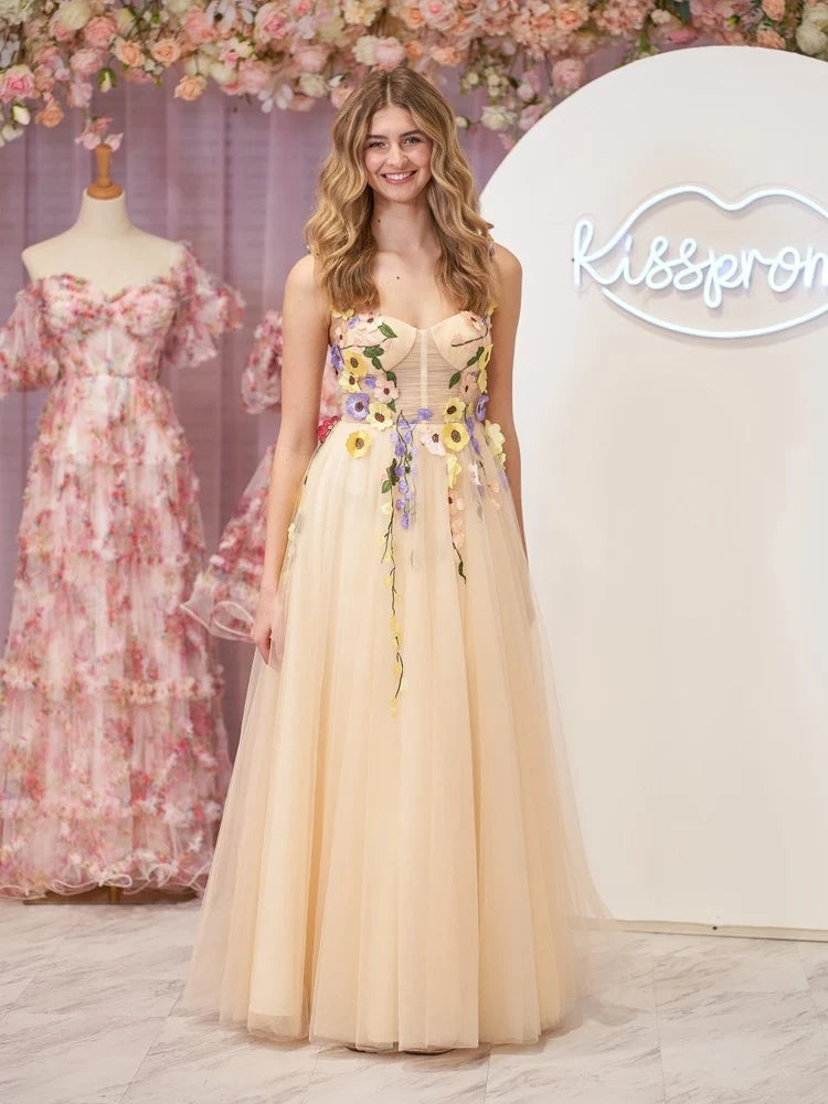 Champagne Tulle A-Line Sweetheart Lace-Up-Back Floor-Length Dress - Aabei Dress