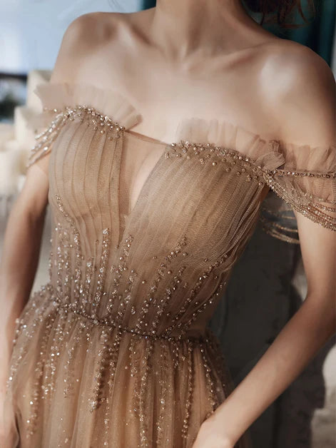 Champagne Tulle A-Line Sweetheart Lace-Up Back Floor-Length Dress - Aabei Dress