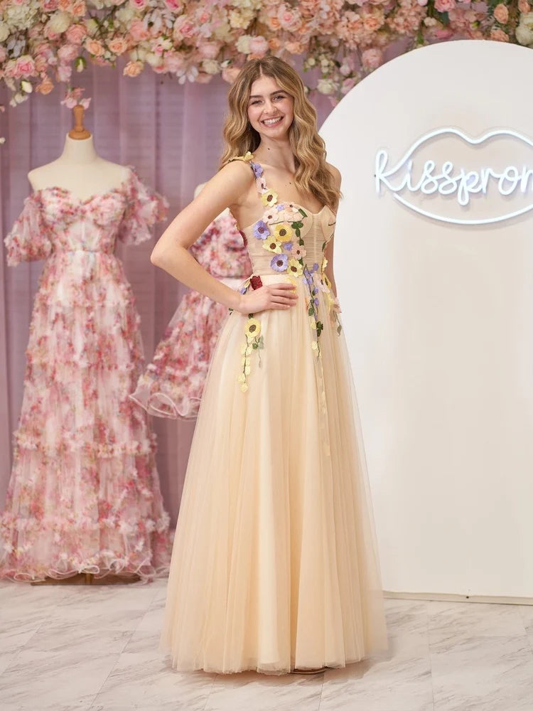 Champagne Tulle A-Line Sweetheart Lace-Up-Back Floor-Length Dress - Aabei Dress