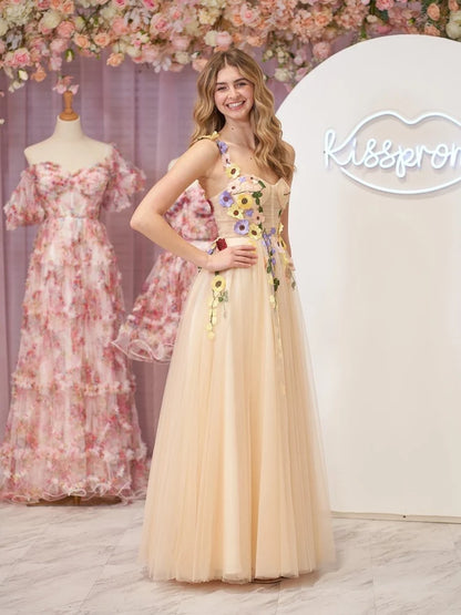Champagne Tulle A-Line Sweetheart Lace-Up-Back Floor-Length Dress - Aabei Dress