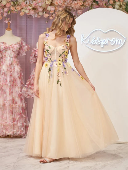 Champagne Tulle A-Line Sweetheart Lace-Up-Back Floor-Length Dress - Aabei Dress