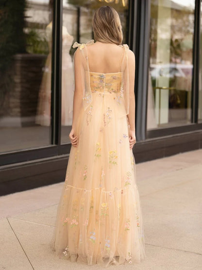Champagne Tulle A-Line Sweetheart Zipper-Back Floor-Length Dress Back View - Aabei Dress