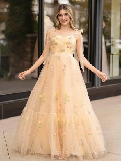 Champagne Tulle A-Line Sweetheart Zipper-Back Floor-Length Dress Front View - Aabei Dress