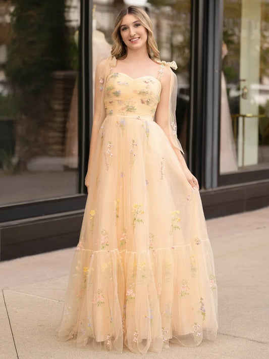 Champagne Tulle A-Line Sweetheart Zipper-Back Floor-Length Dress - Aabei Dress