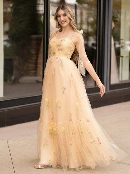 Champagne Tulle A-Line Sweetheart Zipper-Back Floor-Length Dress - Aabei Dress