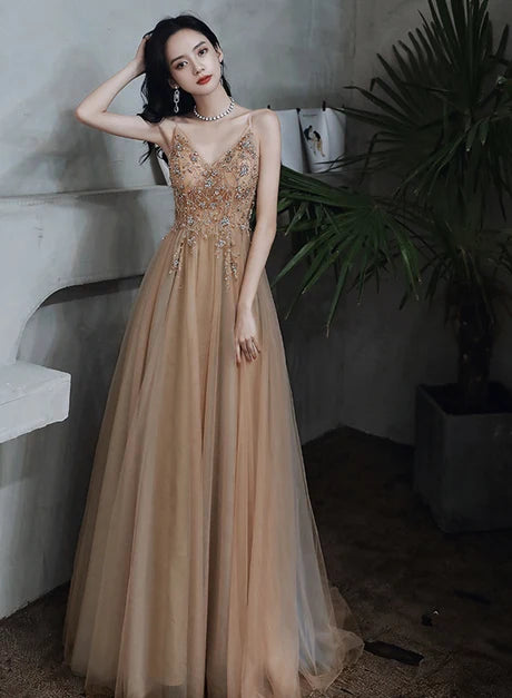 Champagne Spaghetti Strap V Neck Beaded Tulle A Line Prom Dress
